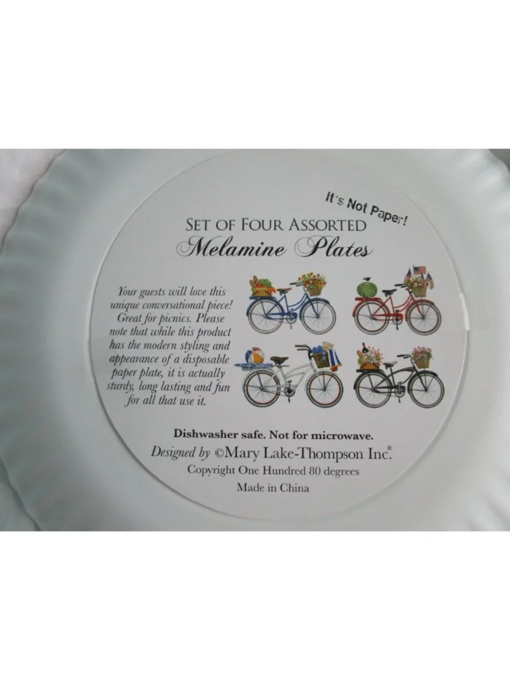 Vintage Bicycle Melamine Faux Paper Plates One Hundred 80 Degrees New Picnic